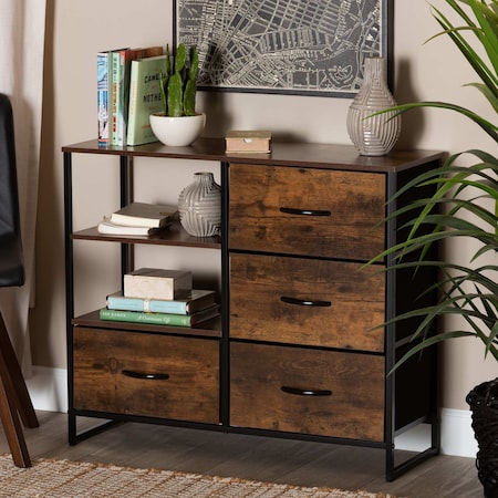 Baxton Studio Hakan Modern Industrial Walnut Brown Finished Wood and Black Metal 4-Drawer Storage Cabinet 200-12507-ZORO